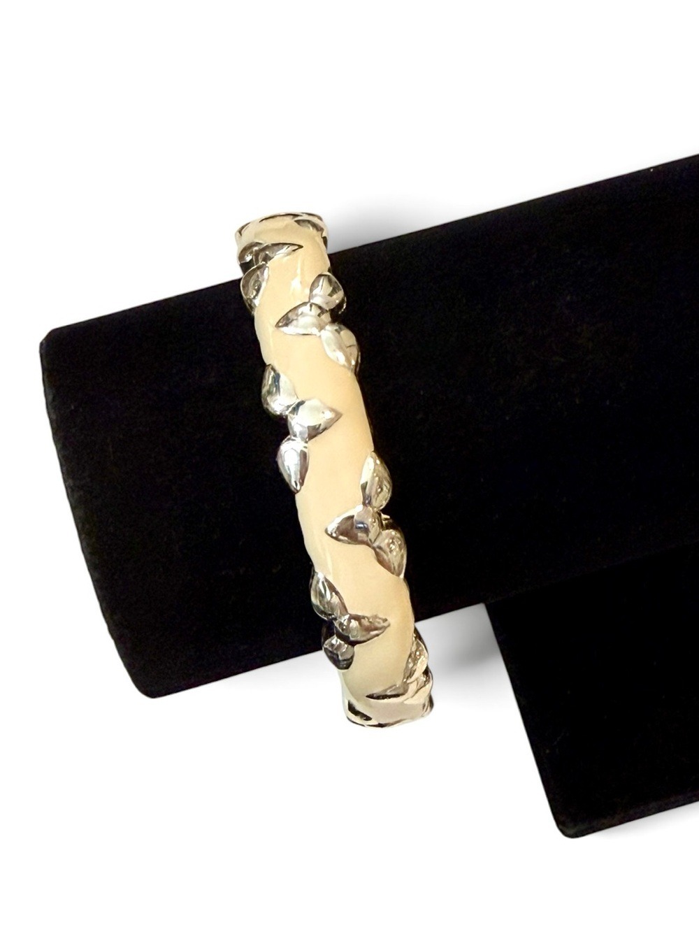White House Black Market Cream Silver Hinged Bangle Bracelet NWT